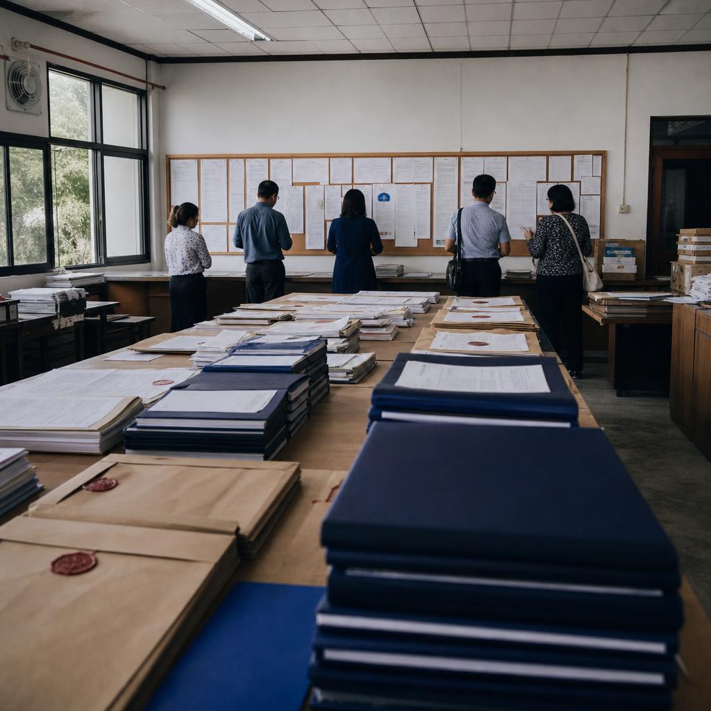 Procurement workshop with tender folders and envelopes